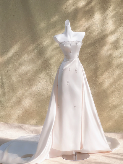 Vestido de novia de ensueño, sin tirantes, de satén blanco, largo, de verano, con capa WD023