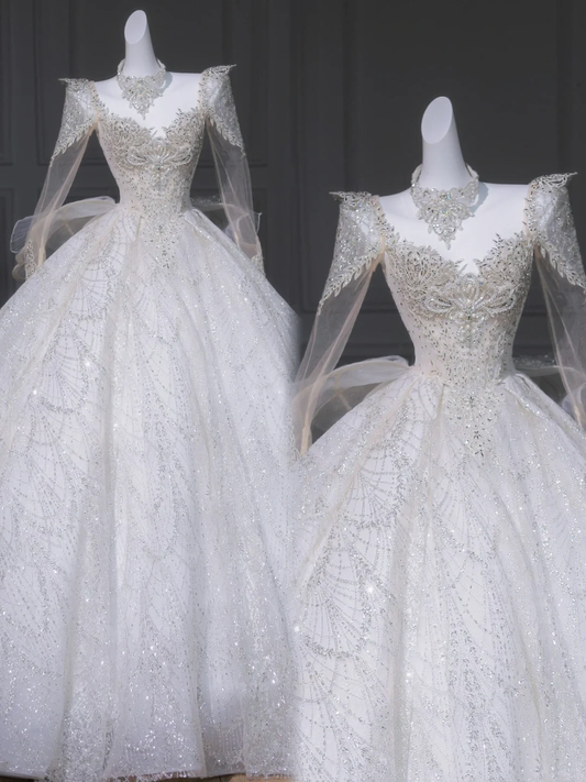 Vestido de novia rústico, largo, con escote en V y lentejuelas blancas, para verano, WD024