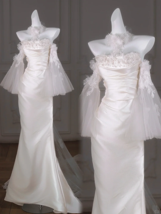 Vestido de novia de ensueño, corte sirena, hombros descubiertos, satén blanco, largo de verano, con mangas WD025