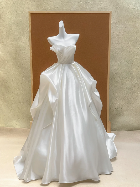Hermoso vestido de novia, vestido de fiesta, sin tirantes, de satén, largo, sin mangas, blanco, WD027