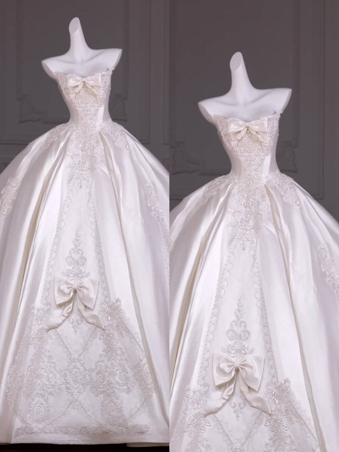 Hermoso vestido de novia blanco con apliques largos de satén sin tirantes y lazo WD031