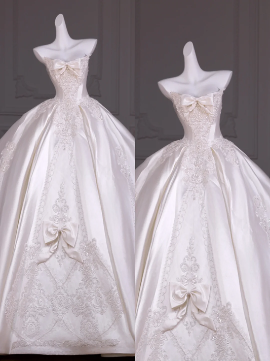 Hermoso vestido de novia blanco con apliques largos de satén sin tirantes y lazo WD031