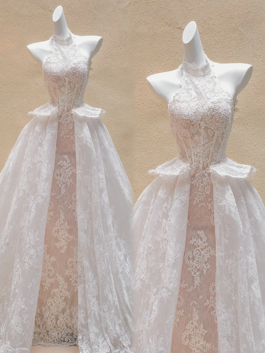 Hermoso vestido de novia largo de encaje con cuello alto y corte entallado para verano, estilo campestre WD032