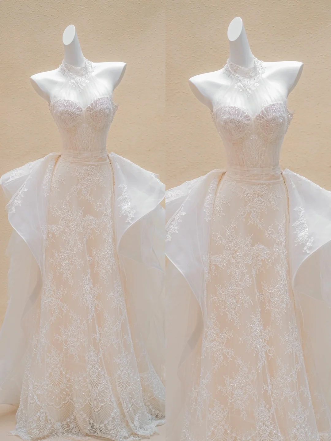 Hermoso vestido de novia largo de encaje con cuello alto y corte entallado para verano, estilo campestre WD033