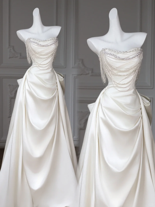 Vestido de novia rústico, sin tirantes, de satén blanco y perlas, largo, para verano, WD034