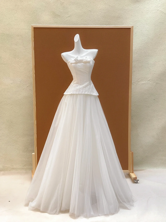 Vestido de novia rústico, sin tirantes, de tul blanco, largo de verano, WD038