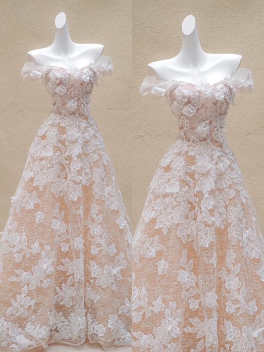 Vestido de novia sencillo, de fiesta, con hombros descubiertos y encaje, largo, estilo campestre de verano, WD040