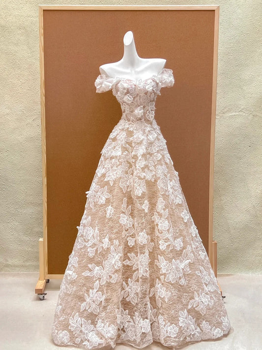Vestido de novia sencillo, de fiesta, con hombros descubiertos y encaje, largo, estilo campestre de verano, WD040