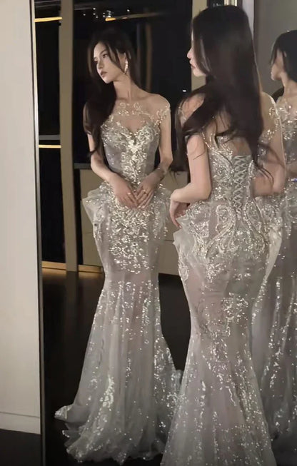 Vestido de novia sexy de sirena con lentejuelas, largo blanco, WD042