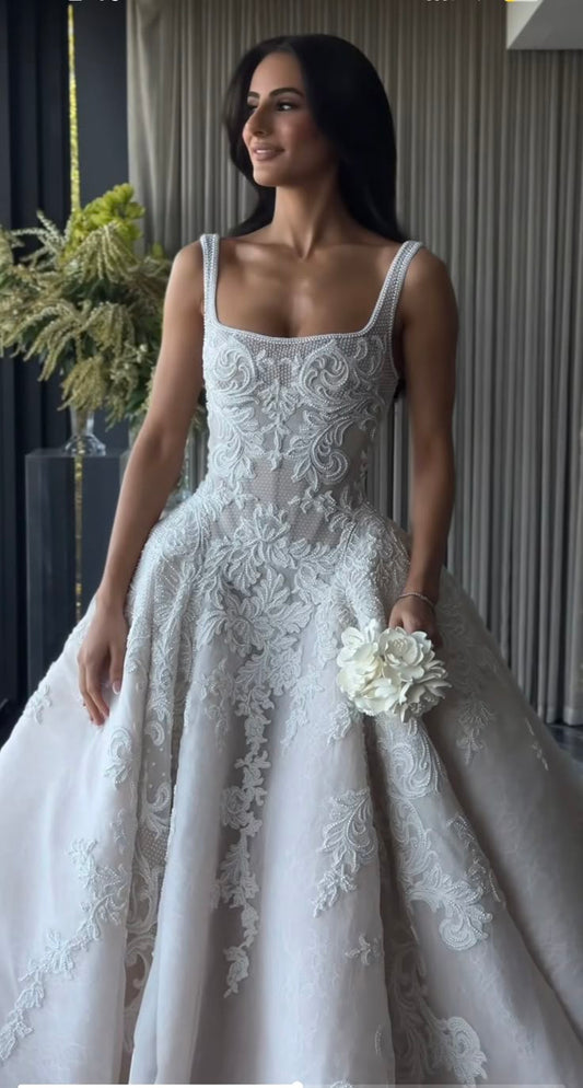 Hermoso vestido de novia blanco largo con escote cuadrado y encaje WD046