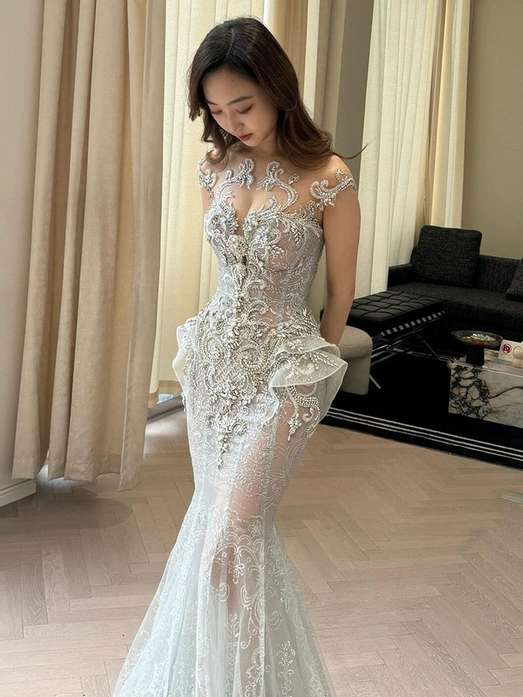 Vestido de novia sexy de sirena con lentejuelas, largo blanco, WD042