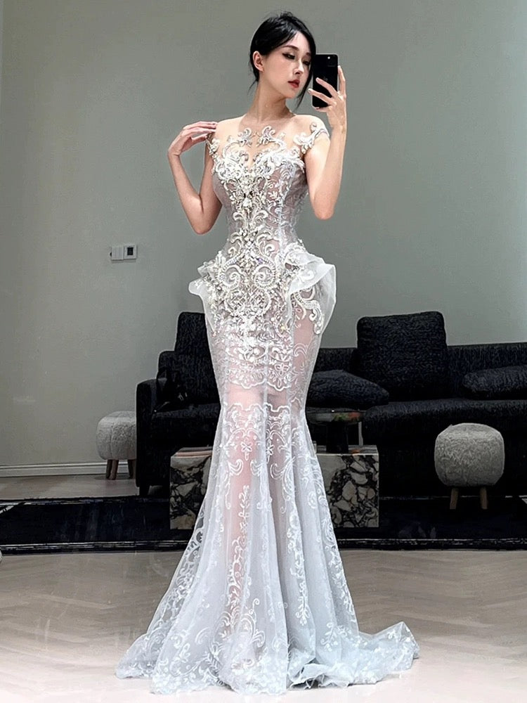 Vestido de novia sexy de sirena con lentejuelas, largo blanco, WD042