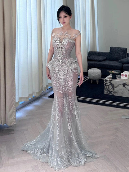 Vestido de novia sexy de sirena con lentejuelas, largo blanco, WD042