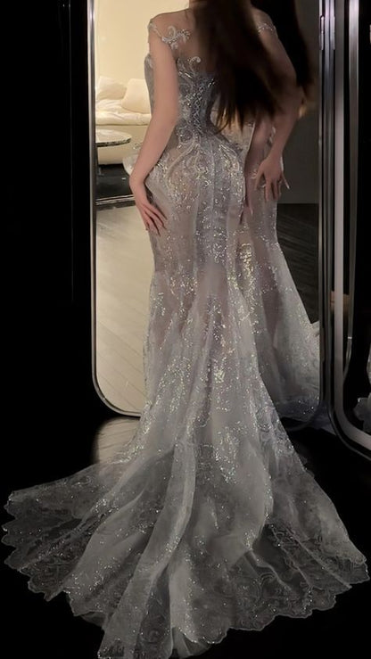 Vestido de novia sexy de sirena con lentejuelas, largo blanco, WD042