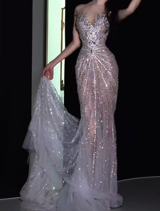 Vestido de novia largo blanco con lentejuelas y corte sirena, brillante, WD043