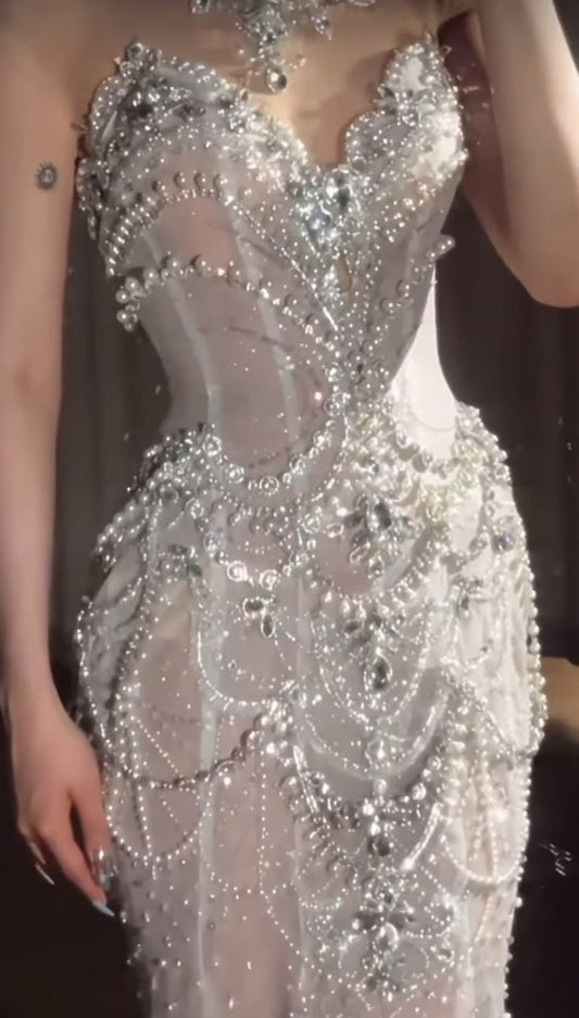 Vestido de novia retro de sirena con escote corazón y lentejuelas, largo blanco, WD044