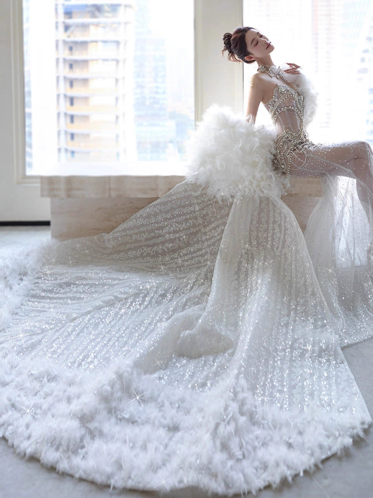 Vestido de novia retro de sirena con escote corazón y lentejuelas, largo blanco, WD044