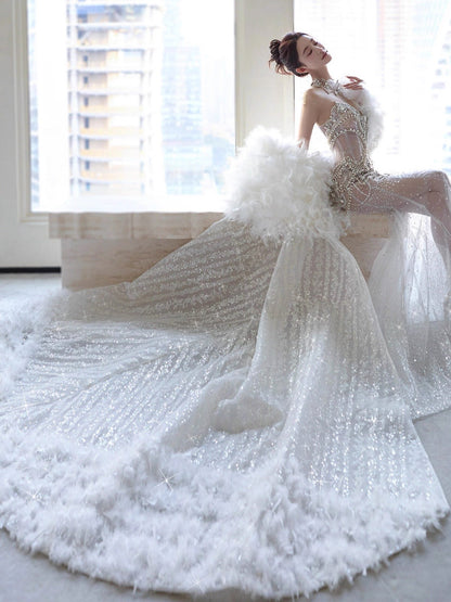 Vestido de novia retro de sirena con escote corazón y lentejuelas, largo blanco, WD044