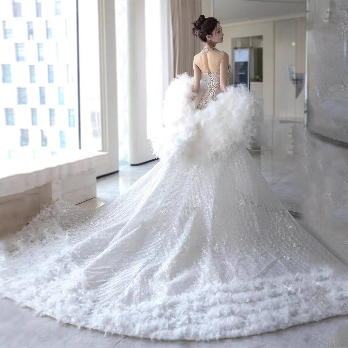 Vestido de novia retro de sirena con escote corazón y lentejuelas, largo blanco, WD044
