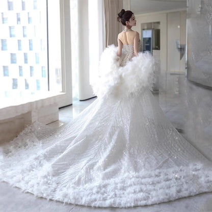 Vestido de novia retro de sirena con escote corazón y lentejuelas, largo blanco, WD044
