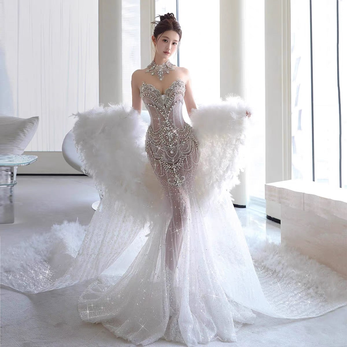 Vestido de novia retro de sirena con escote corazón y lentejuelas, largo blanco, WD044