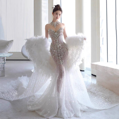 Vestido de novia retro de sirena con escote corazón y lentejuelas, largo blanco, WD044