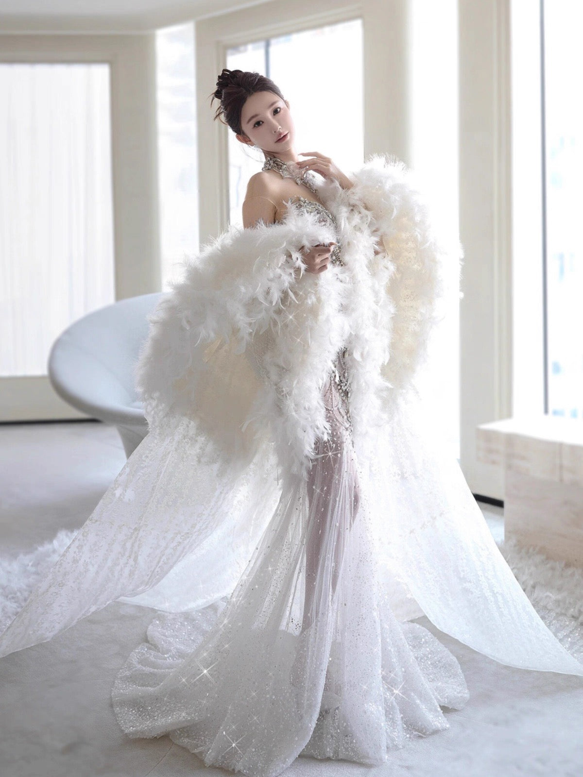 Vestido de novia retro de sirena con escote corazón y lentejuelas, largo blanco, WD044