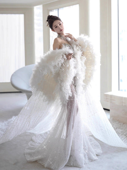 Vestido de novia retro de sirena con escote corazón y lentejuelas, largo blanco, WD044