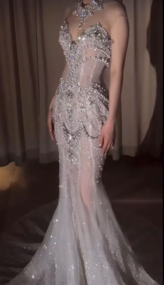 Vestido de novia retro de corte sirena con escote corazón, lentejuelas y perlas, largo blanco, WD049