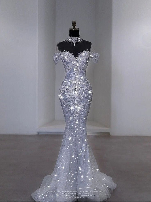 Vestido de novia brillante de sirena con hombros descubiertos y lentejuelas, largo blanco, WD047