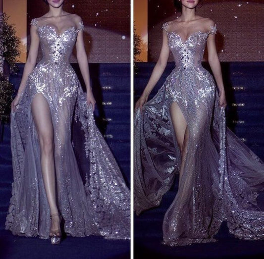 Vestido de novia brillante de sirena con hombros descubiertos, lentejuelas, largo plateado, abertura, WD067