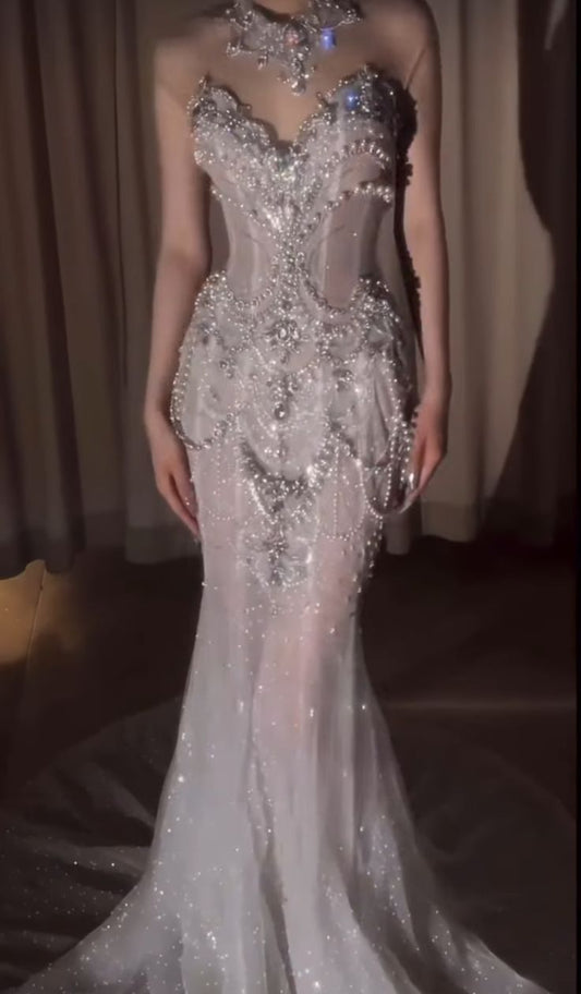 Vestido de novia retro de corte sirena con escote corazón, lentejuelas y perlas, largo blanco, WD049