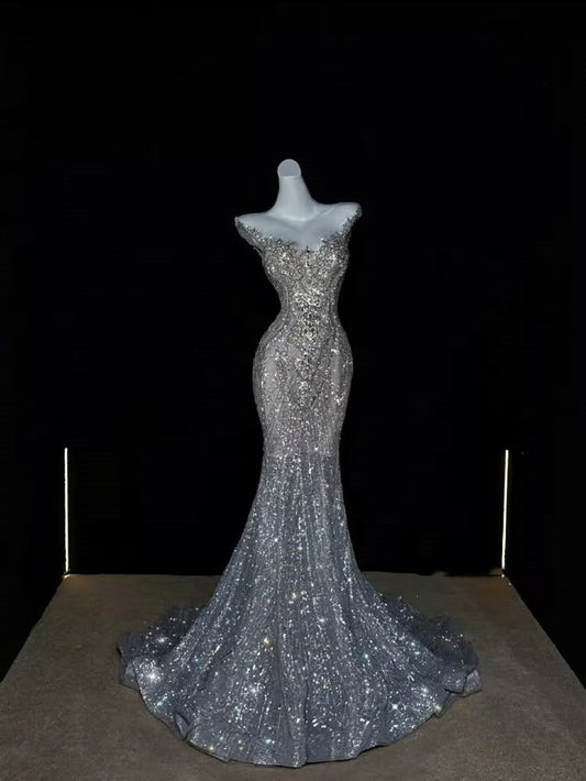 Vestido de novia brillante de corte sirena con escote redondo y lentejuelas, largo plateado, WD050