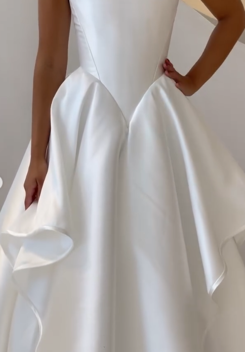 Vestido de novia modesto, vestido de fiesta sin tirantes, satén blanco, largo, vestido de novia, W0127