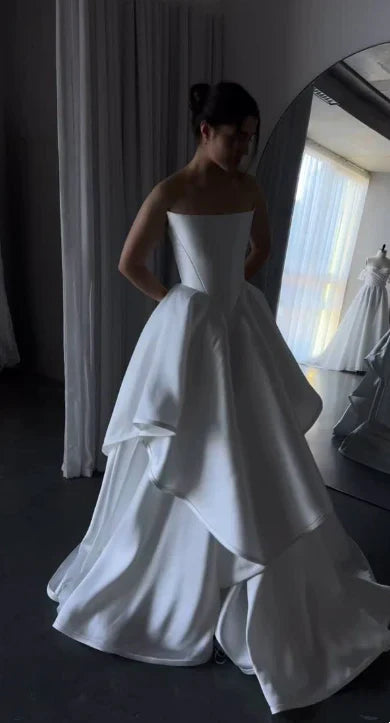 shopuniqlos-White satin off-the-shoulder long floor-length wedding dress prom dress gh5394