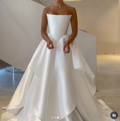Vestido de novia modesto, vestido de fiesta sin tirantes, satén blanco, largo, vestido de novia, W0127