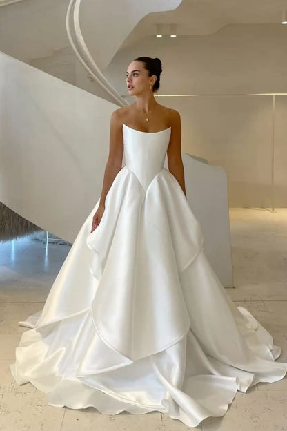 Hermoso vestido de novia largo de satén blanco sin tirantes WD051
