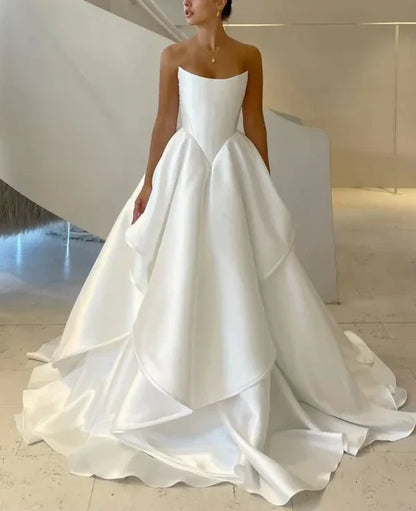 shopuniqlos-White satin off-the-shoulder long floor-length wedding dress prom dress gh5394