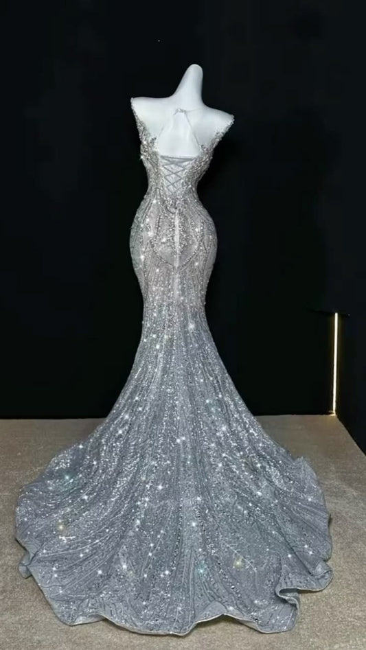 Vestido de novia brillante de corte sirena con escote redondo y lentejuelas, largo plateado, WD050