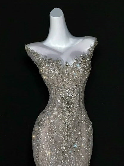 Vestido de novia brillante de corte sirena con escote redondo y lentejuelas, largo con corsé plateado en la espalda, WD053