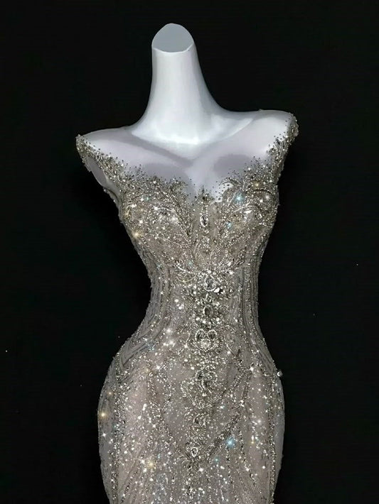 Vestido de novia brillante de corte sirena con escote redondo y lentejuelas, largo con corsé plateado en la espalda, WD053