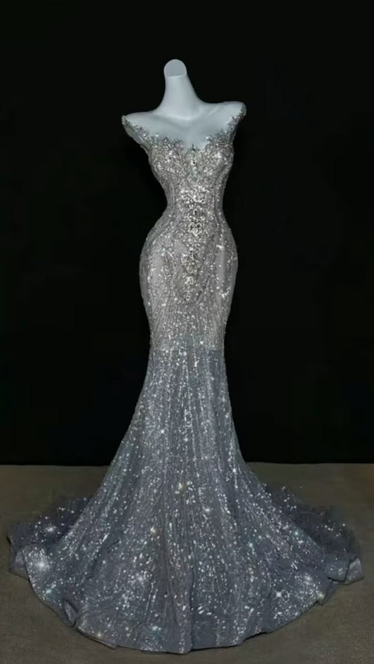 Vestido de novia brillante de corte sirena con escote redondo y lentejuelas, largo con corsé plateado en la espalda, WD053