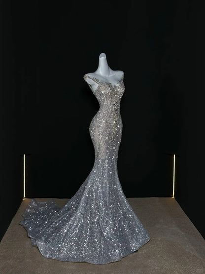 Vestido de novia brillante de corte sirena con escote redondo y lentejuelas, largo con corsé plateado en la espalda, WD053