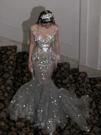 Retro Wedding Dress Mermaid Scoop Sequin Pearls Long Silver Wedding Dresses Bride Dress Bridal Gowns WD057