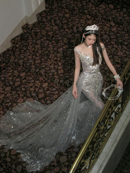 Vestido de novia sexy de corte sirena con escote redondo, lentejuelas y perlas, largo plateado, con cola, WD059