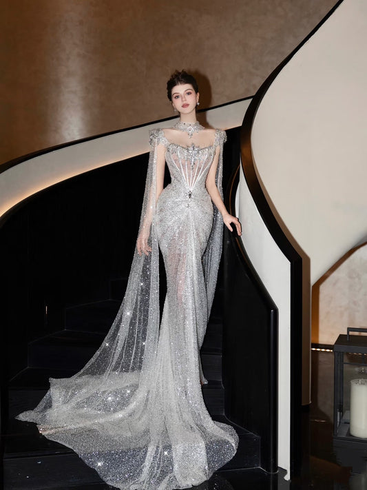 Vestido de novia brillante de sirena con lentejuelas, largo plateado, para novias, WD061