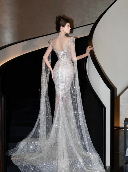 Vestido de novia brillante de sirena con lentejuelas, largo plateado, para novias, WD061
