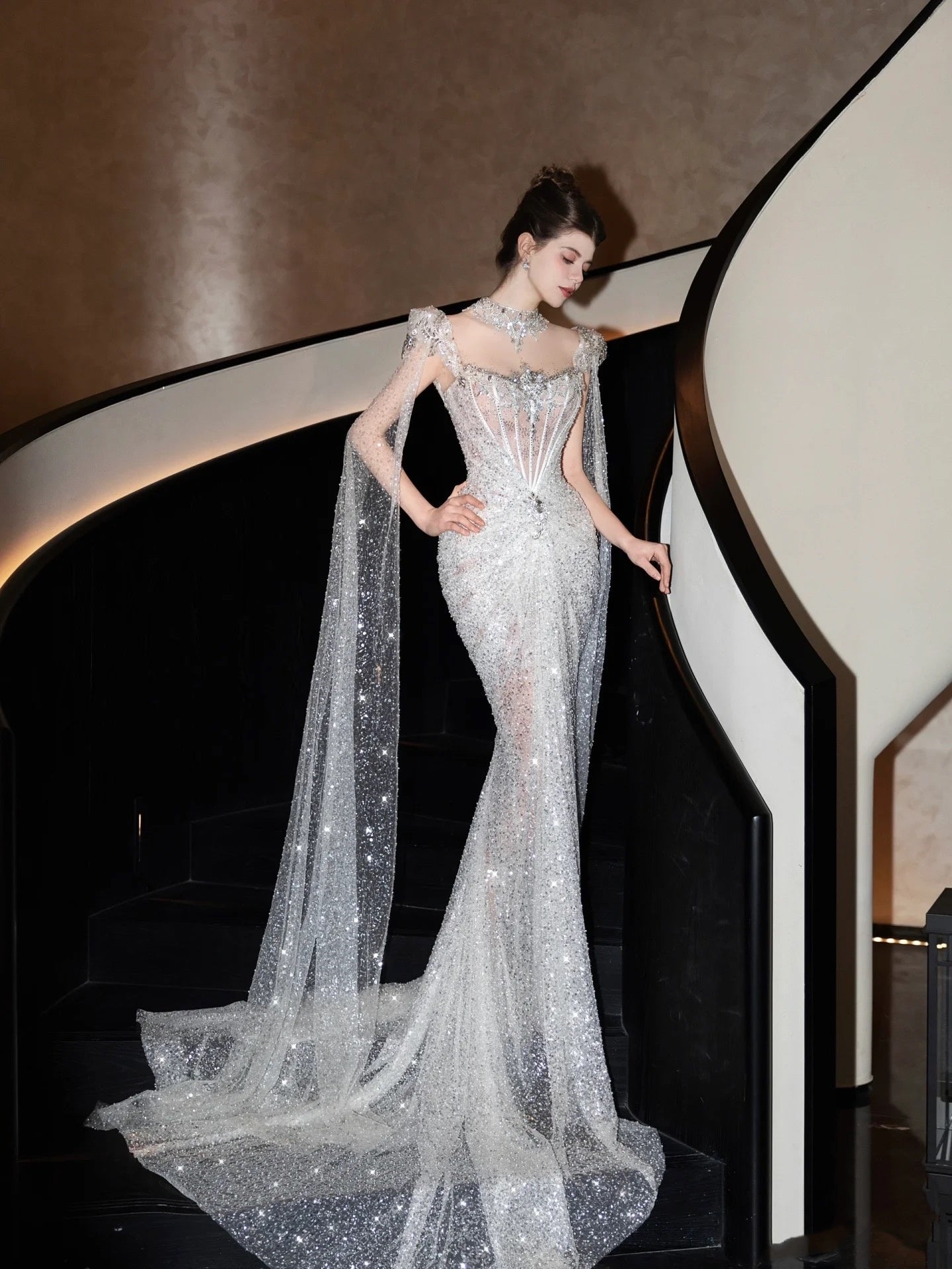 Vestido de novia brillante de sirena con lentejuelas, largo plateado, para novias, WD061