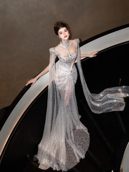 Vestido de novia brillante de sirena con lentejuelas, largo plateado, para novias, WD061