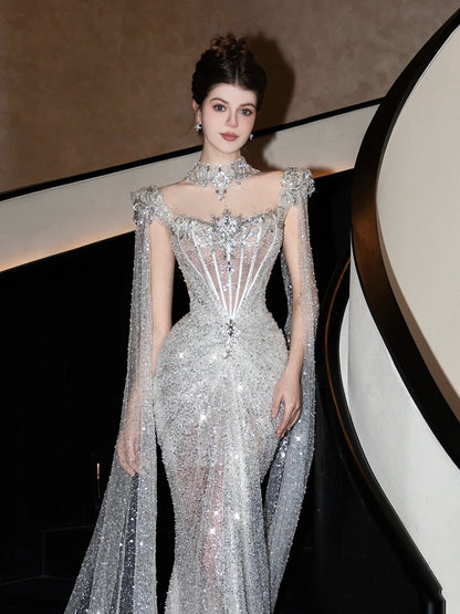 Vestido de novia brillante de sirena con lentejuelas, largo plateado, para novias, WD061